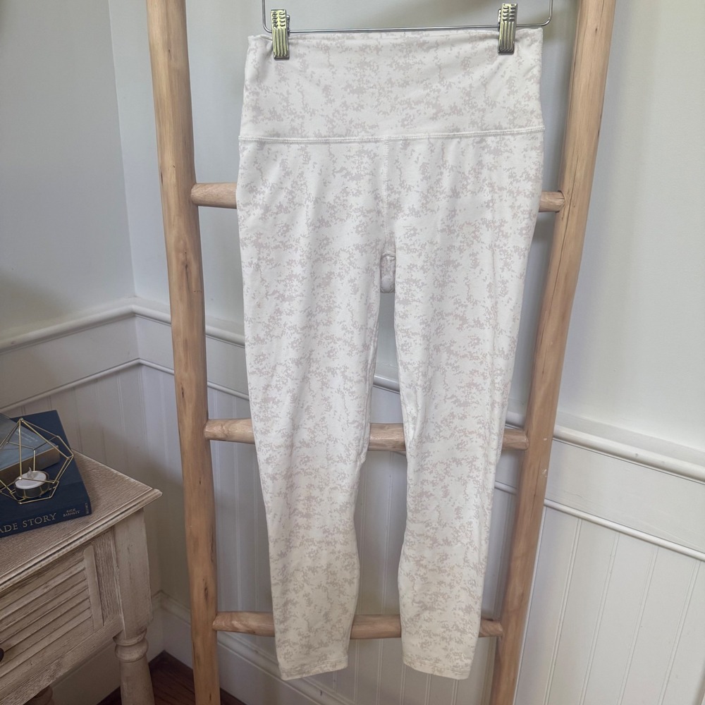Fabletics PowerHold High Waisted Compression Leggings Cream Tan Speckled Print